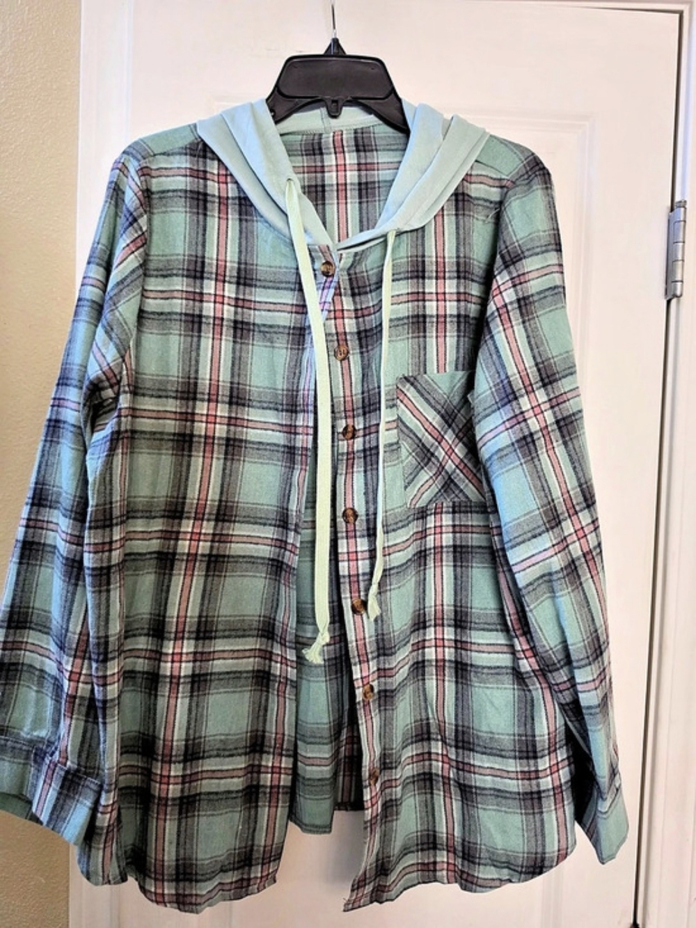 Plaid Hooded Button Down Shirt Green & Red XL